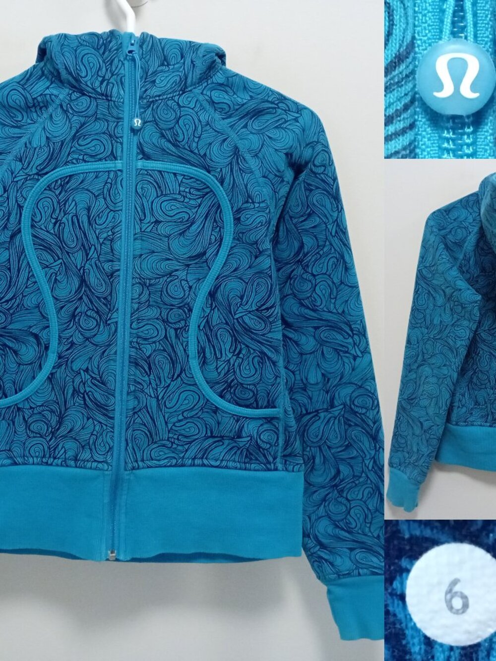 Lululemon Scuba Hoodie Jacket Size 6 Small Turquoise Navy Swirl Pattern